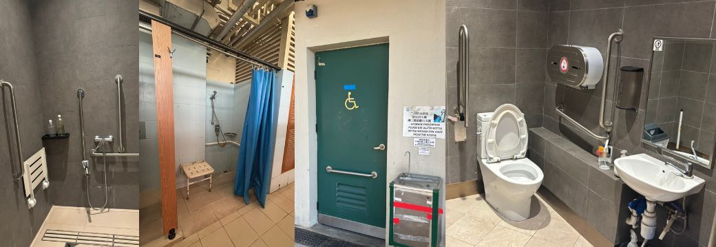 Accessible toilet and shower room with level floor, grab bars and handheld shower